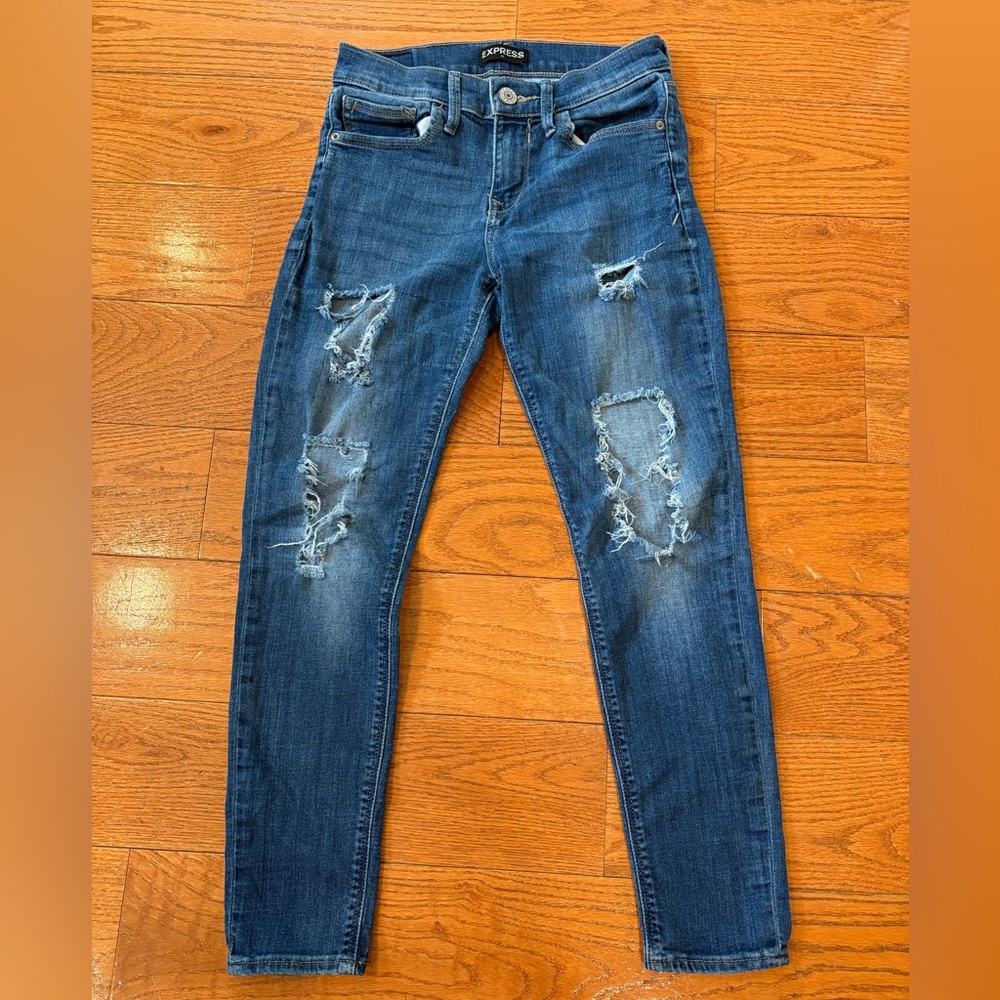 express distressed mid rise leggings 2